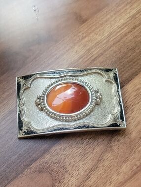 Ornate Vintage-Style Silver Tone Belt Buckle with Amber Cabochon